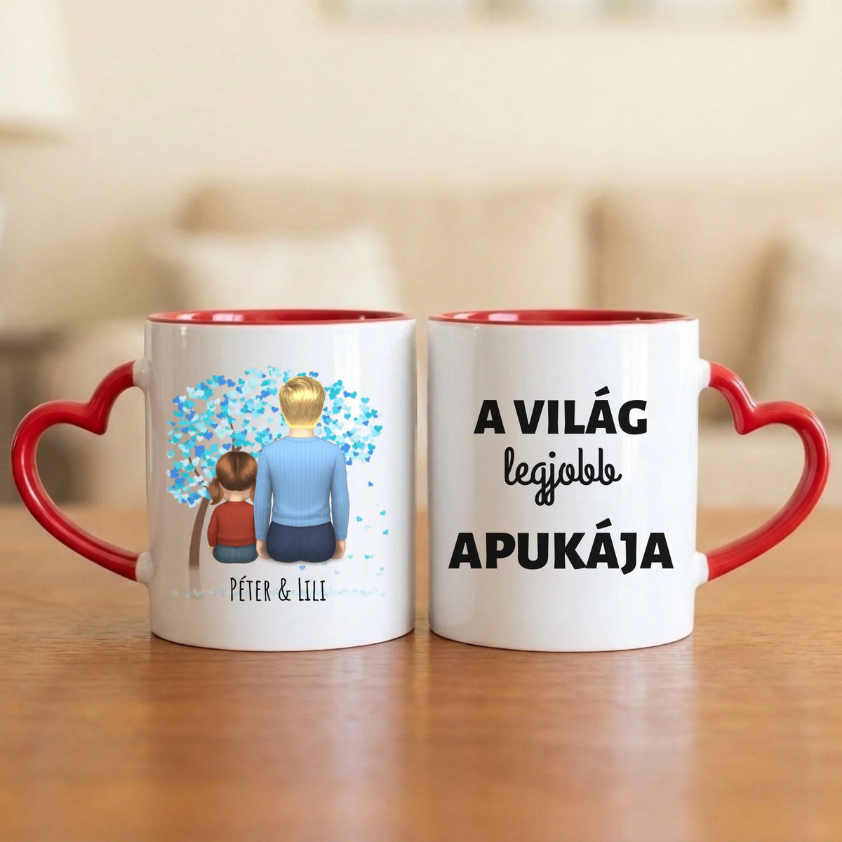 A világ legjobb apukája – apás bögre hátulról rajzolt apával és 1–4 gyerekkel a kék szívfa alatt