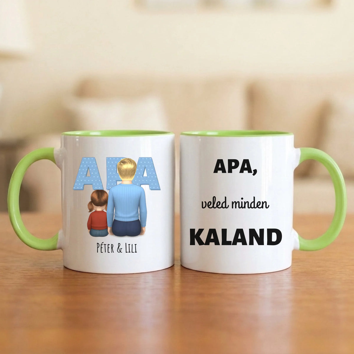Apa, veled minden kaland – apás bögre hátulról rajzolt apával és 1–4 gyerekkel, nagy APA felirattal