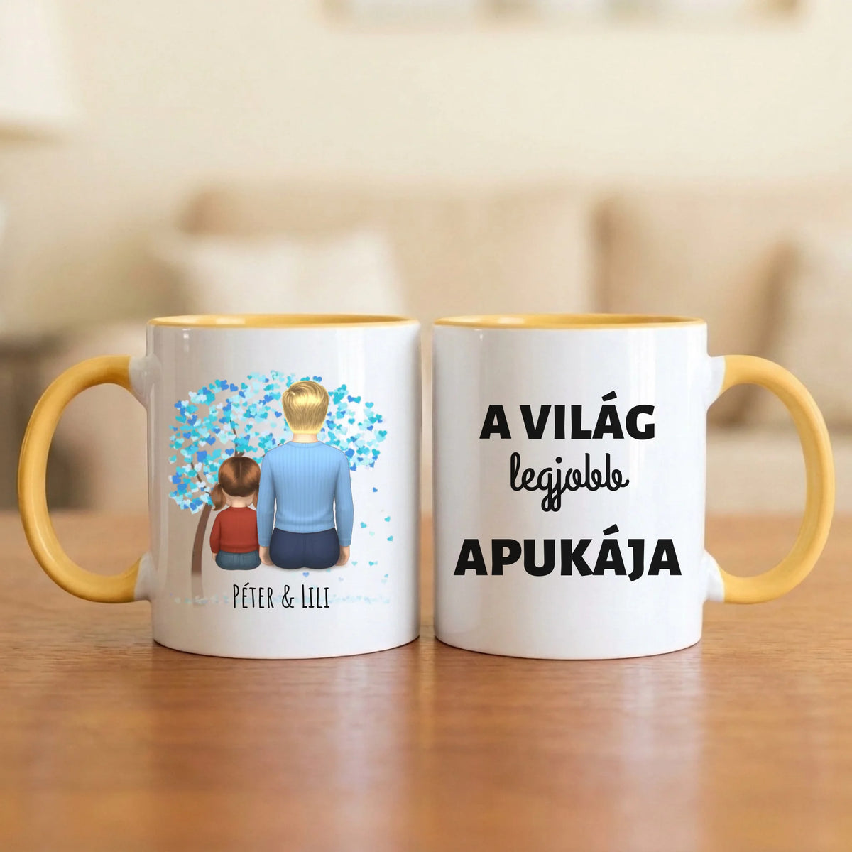 A világ legjobb apukája – apás bögre hátulról rajzolt apával és 1–4 gyerekkel a kék szívfa alatt