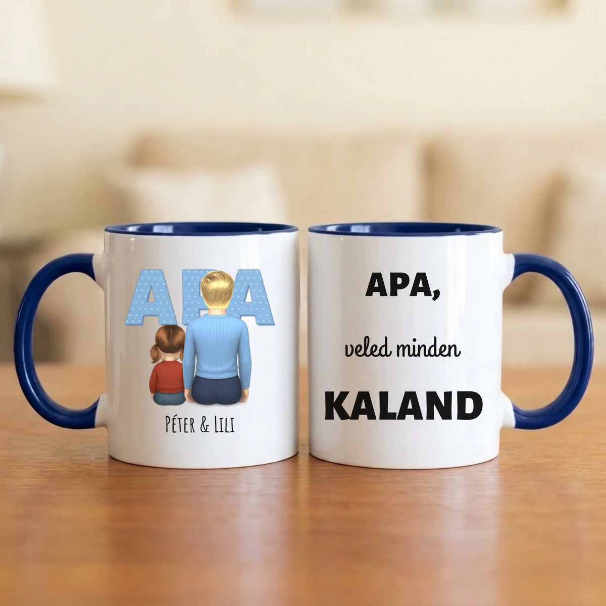 Apa, veled minden kaland – apás bögre hátulról rajzolt apával és 1–4 gyerekkel, nagy APA felirattal