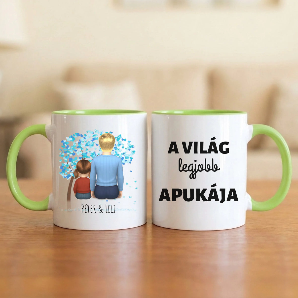 A világ legjobb apukája – apás bögre hátulról rajzolt apával és 1–4 gyerekkel a kék szívfa alatt