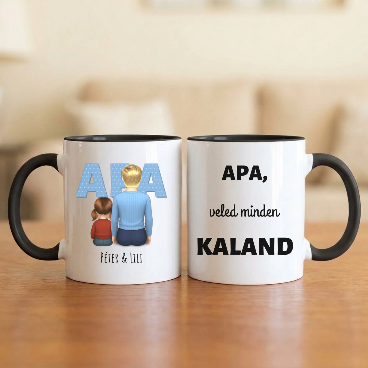Apa, veled minden kaland – apás bögre hátulról rajzolt apával és 1–4 gyerekkel, nagy APA felirattal