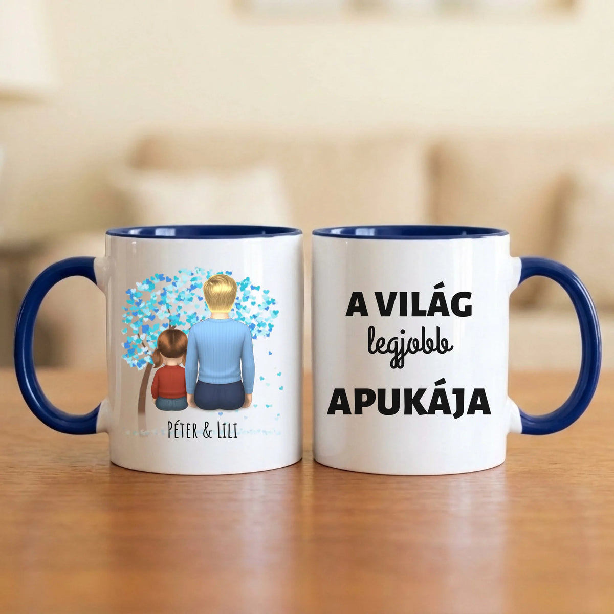 A világ legjobb apukája – apás bögre hátulról rajzolt apával és 1–4 gyerekkel a kék szívfa alatt