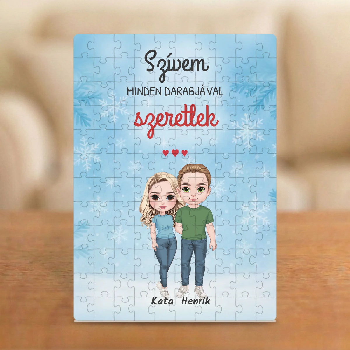 Szívem minden darabjával szeretlek – téli páros puzzle két figurával és nevekkel