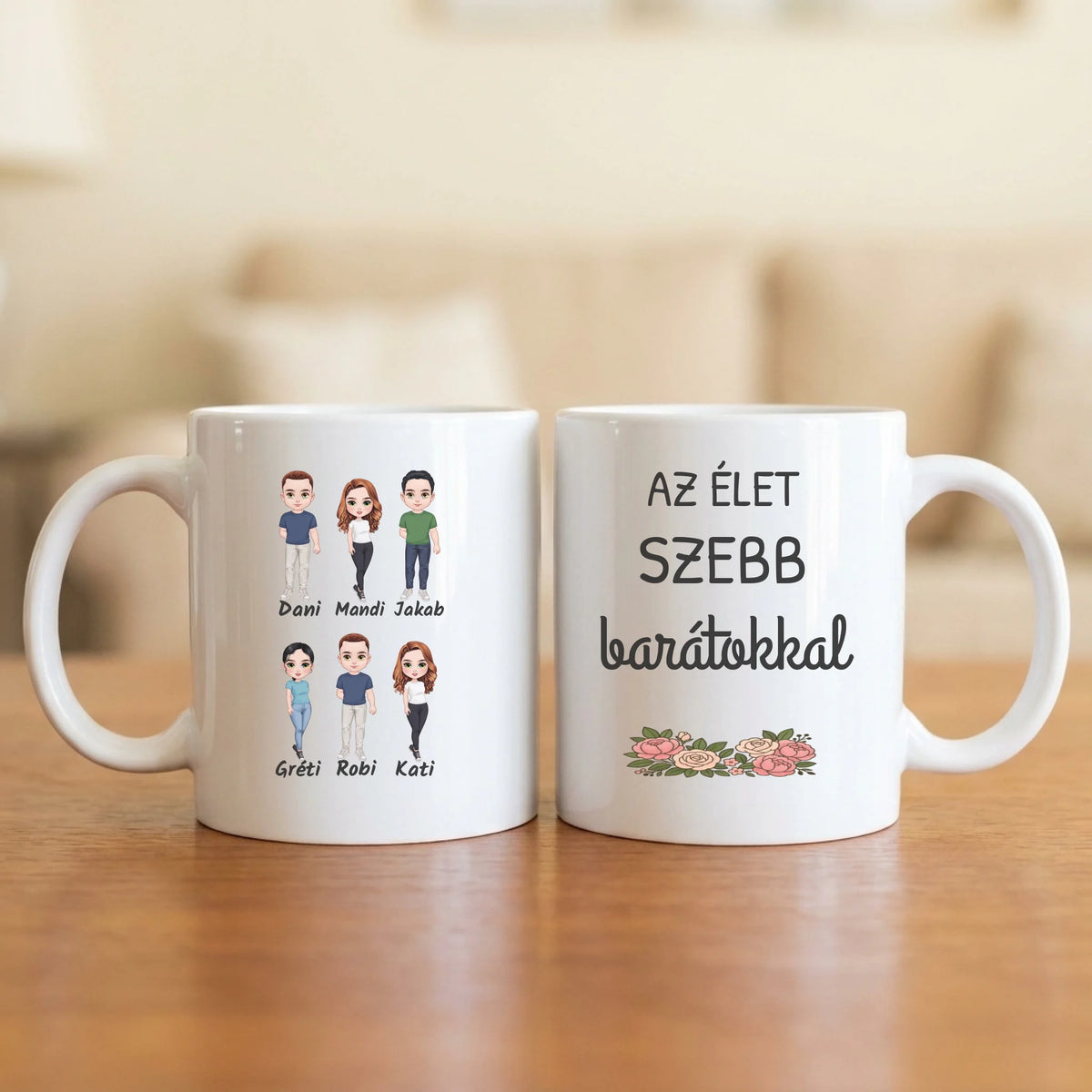 Barátokkal szebb az élet – baráti társaságos bögre 2–6 figurával és nevekkel