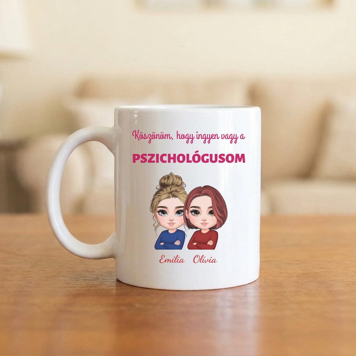 Köszönöm, hogy ingyen vagy a pszichológusom – vicces barátnős bögre 2–4 figurával és nevekkel