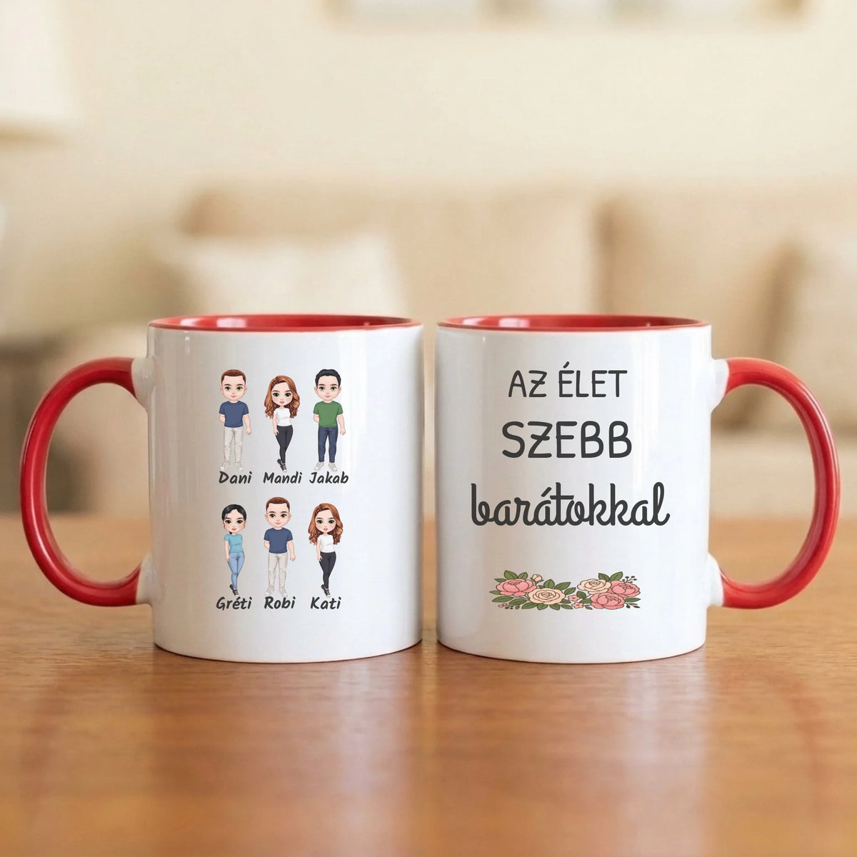 Barátokkal szebb az élet – baráti társaságos bögre 2–6 figurával és nevekkel