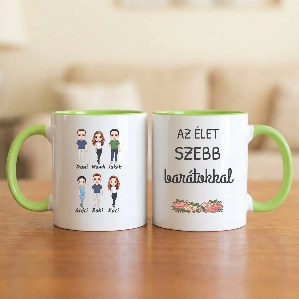 Barátokkal szebb az élet – baráti társaságos bögre 2–6 figurával és nevekkel