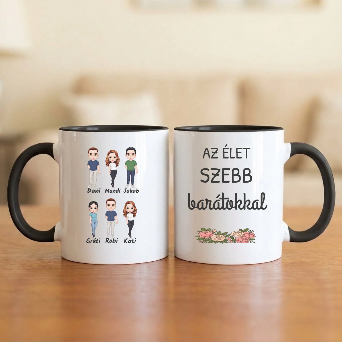 Barátokkal szebb az élet – baráti társaságos bögre 2–6 figurával és nevekkel