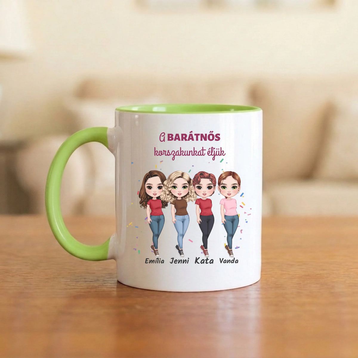 A barátnős korszakunkat éljük – trendi barátnős bögre 2–5 figurával és nevekkel