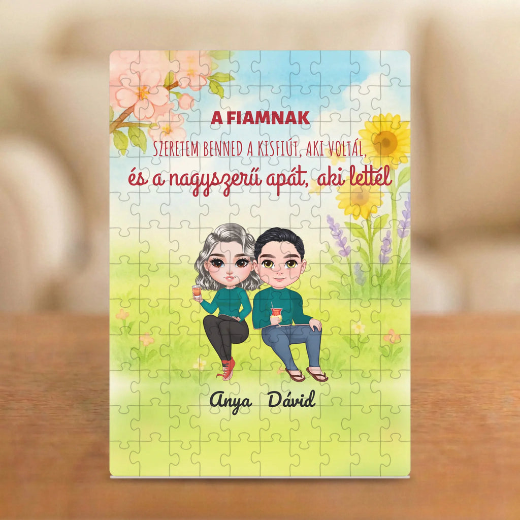 A fiamnak: a nagyszerű apa, aki lettél – puzzle két figurával és nevekkel