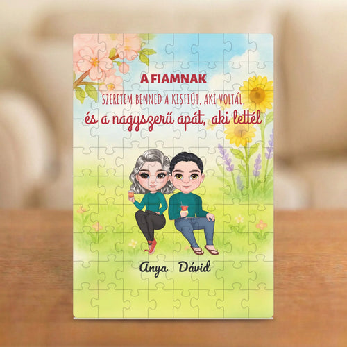 A fiamnak: a nagyszerű apa, aki lettél – puzzle két figurával és nevekkel