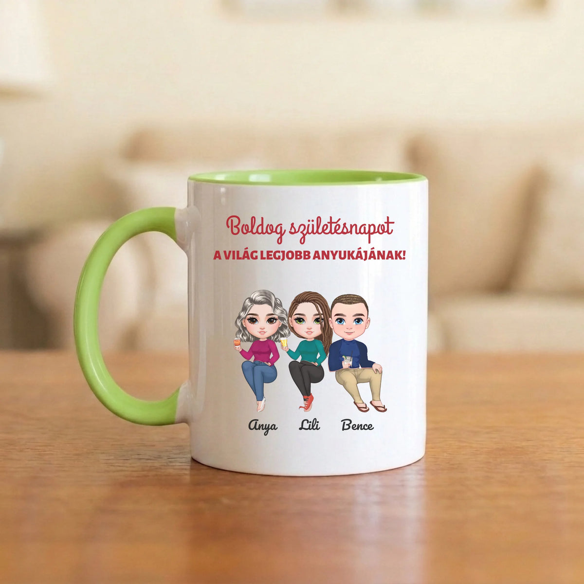 Boldog születésnapot a világ legjobb anyukájának! – bögre anyának 2–5 figurával és nevekkel
