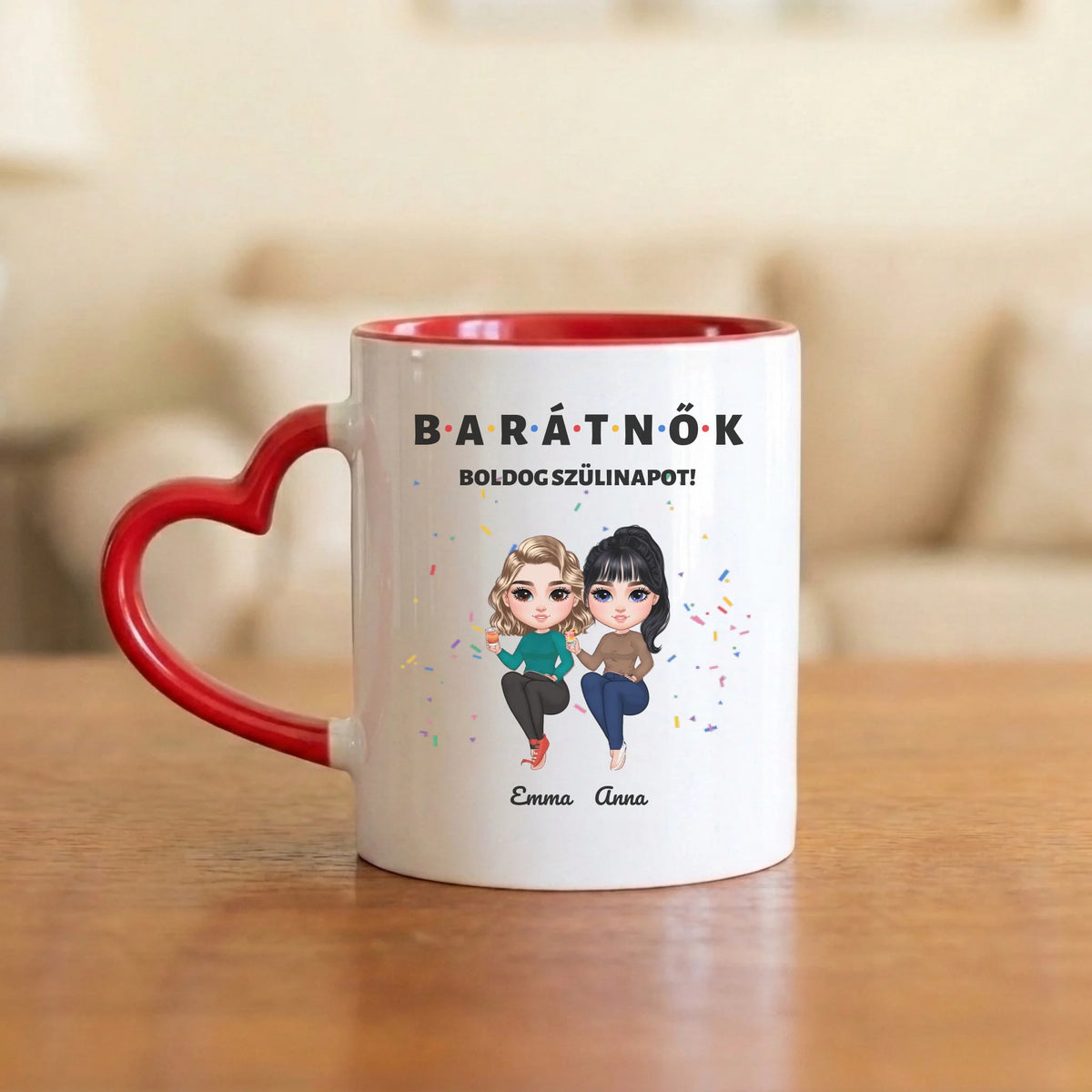 BARÁTNŐK – boldog szülinapot! – bögre két figurával és nevekkel