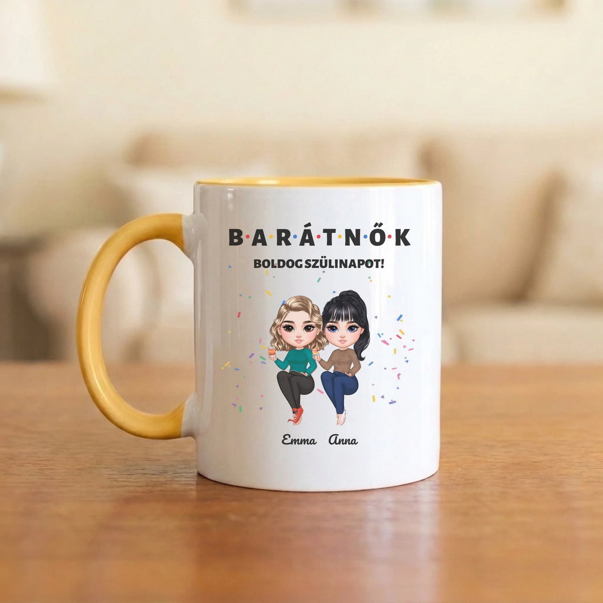 BARÁTNŐK – boldog szülinapot! – bögre két figurával és nevekkel