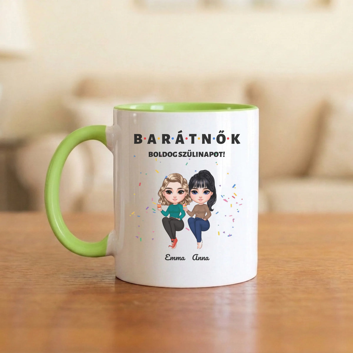 BARÁTNŐK – boldog szülinapot! – bögre két figurával és nevekkel