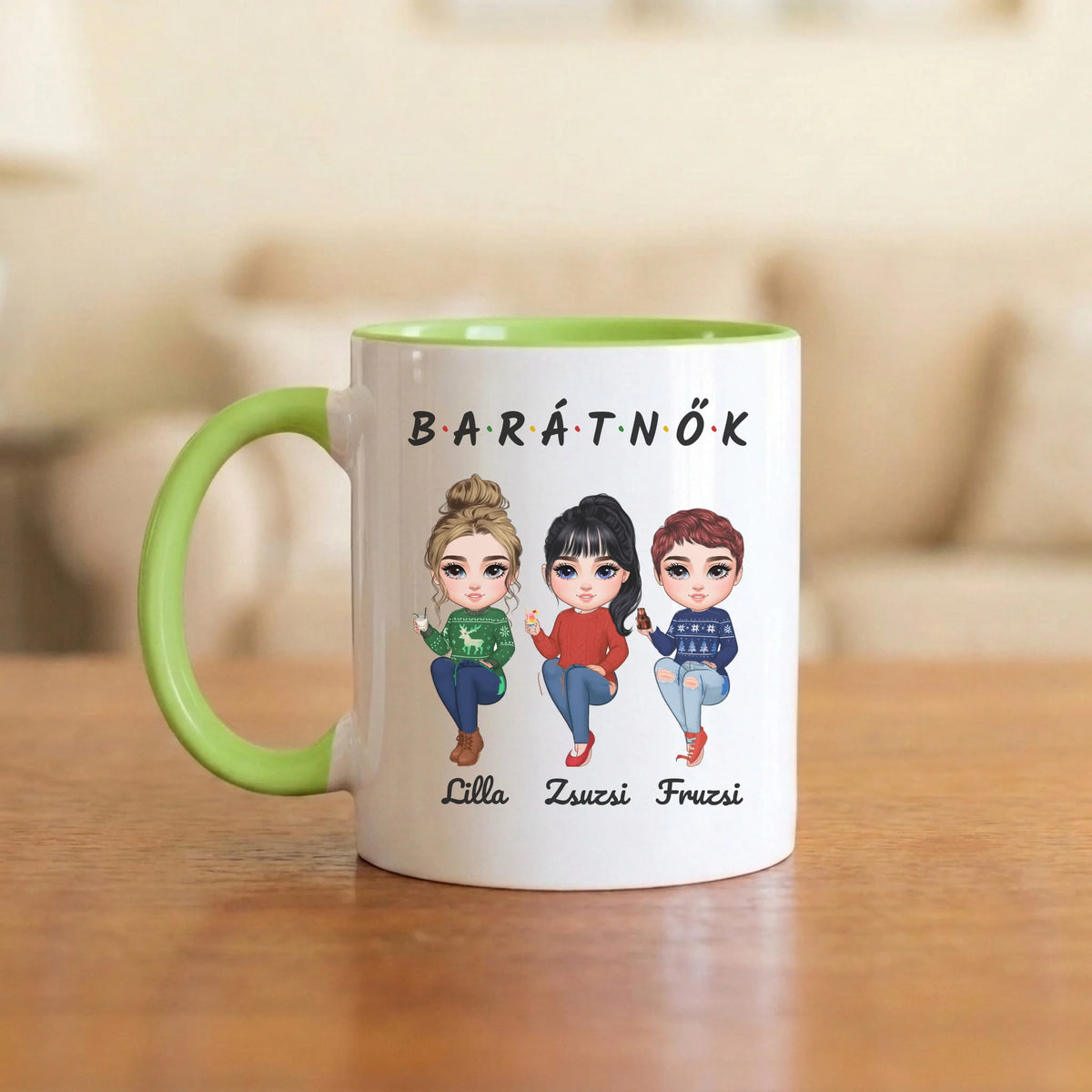 BARÁTNŐK karácsonyi pulcsiban – barátnős bögre 2–5 figurával és nevekkel