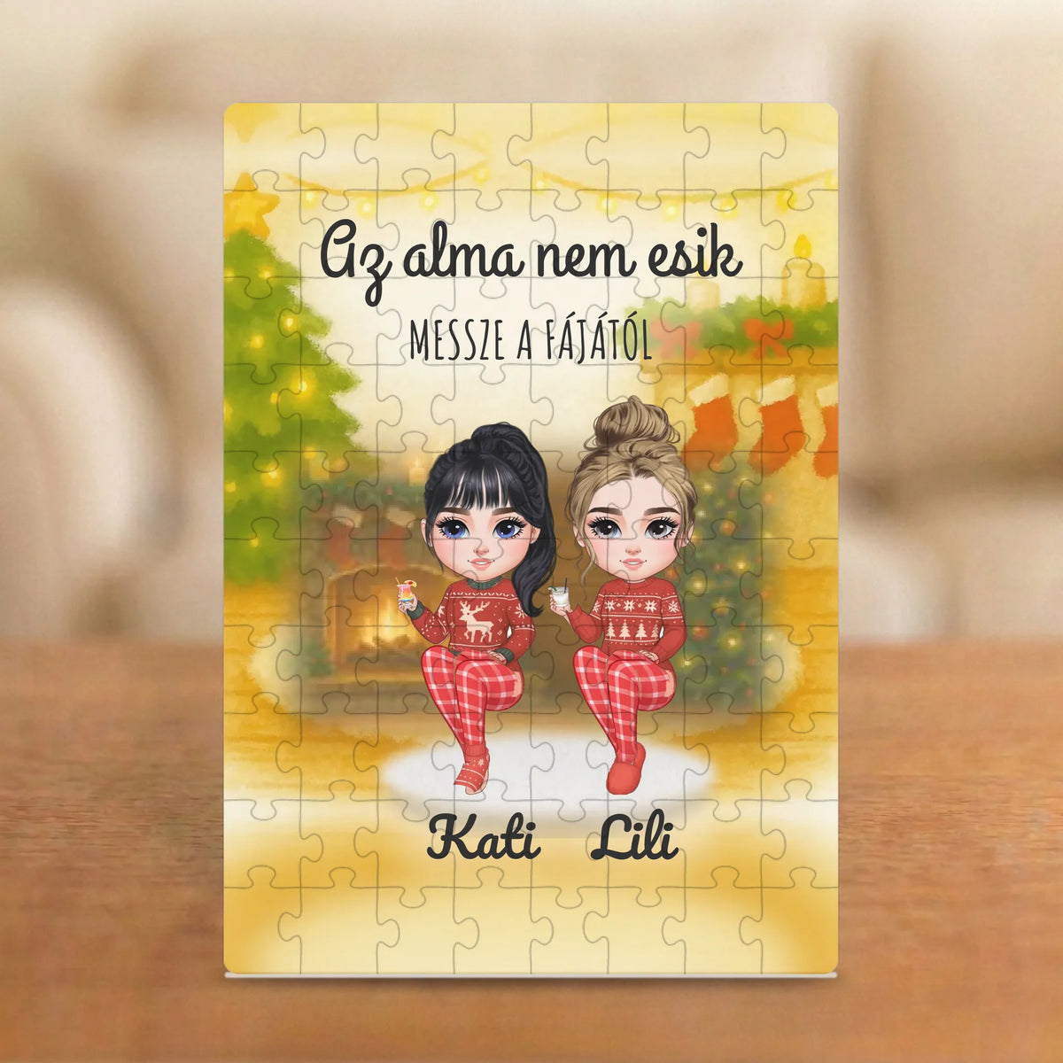 Anya és lánya a kandalló előtt – karácsonyi puzzle két figurával és nevekkel