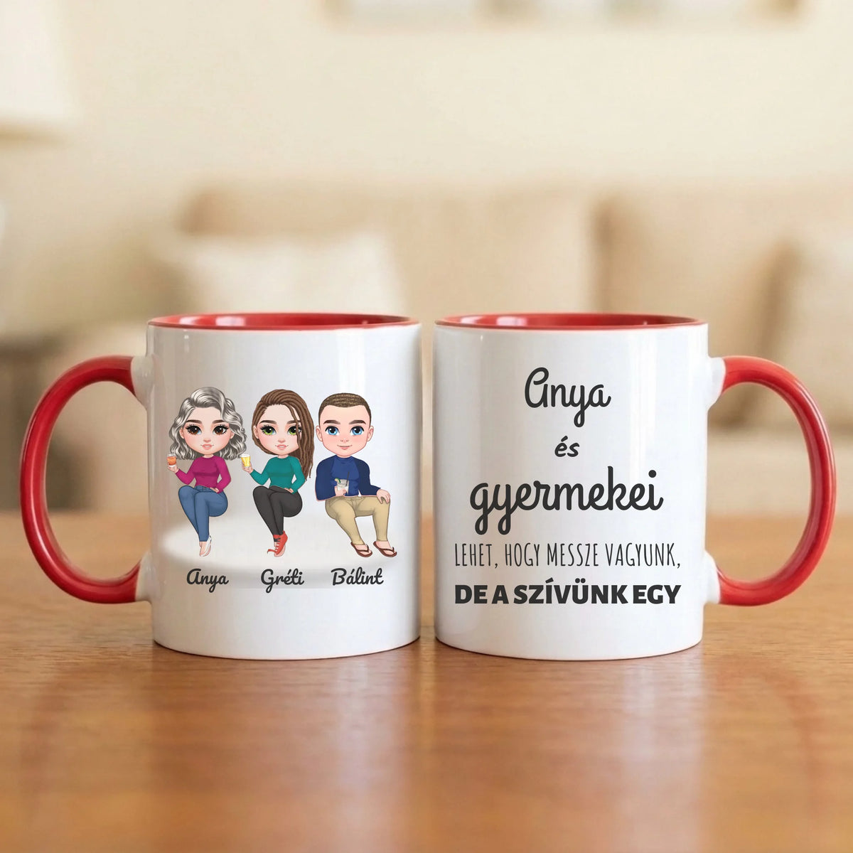Anya és gyermekei – anyák napi bögre 2–5 figurával és nevekkel