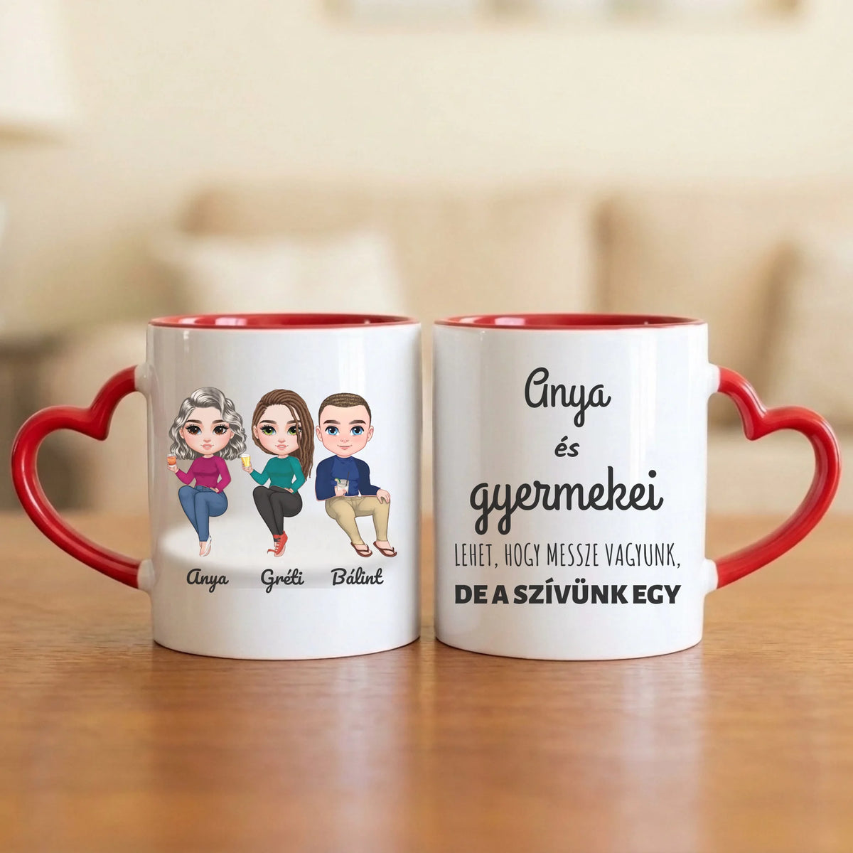 Anya és gyermekei – anyák napi bögre 2–5 figurával és nevekkel