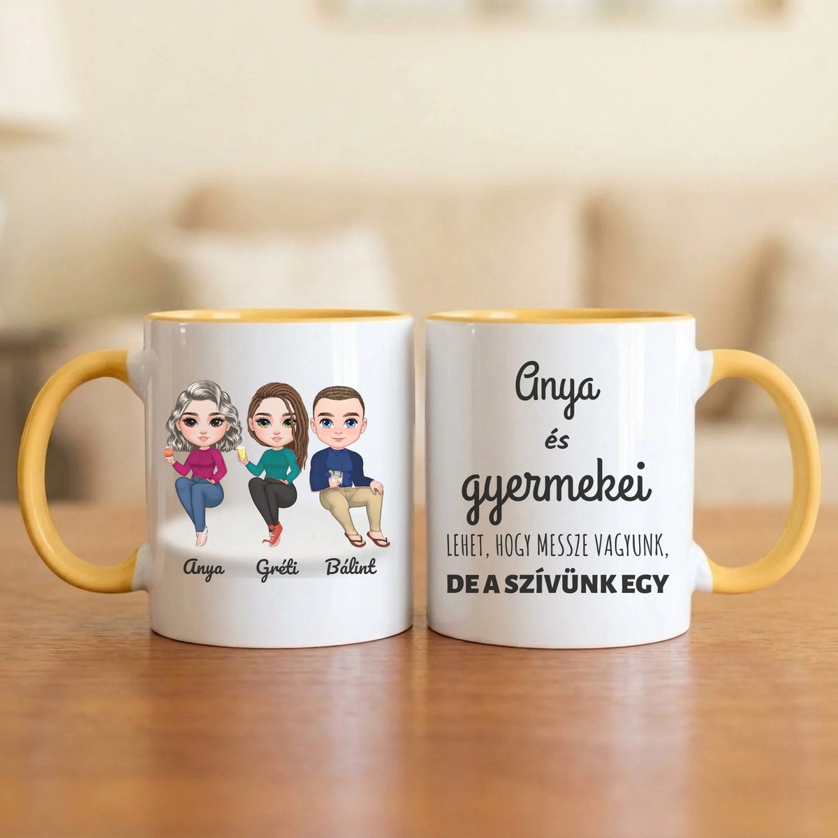 Anya és gyermekei – anyák napi bögre 2–5 figurával és nevekkel