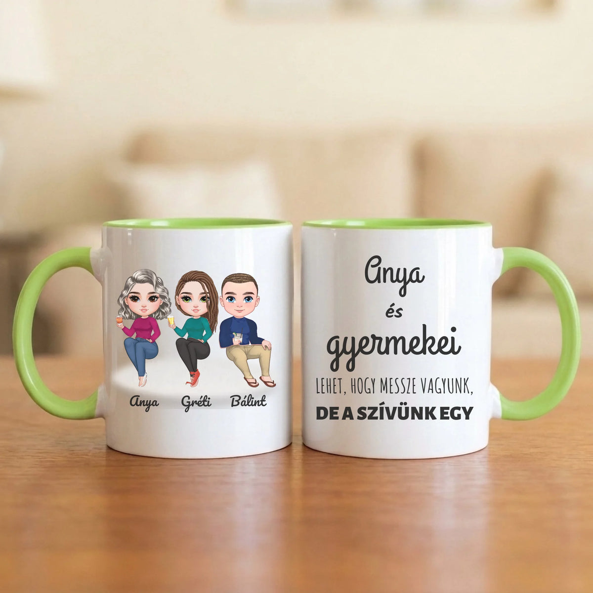 Anya és gyermekei – anyák napi bögre 2–5 figurával és nevekkel