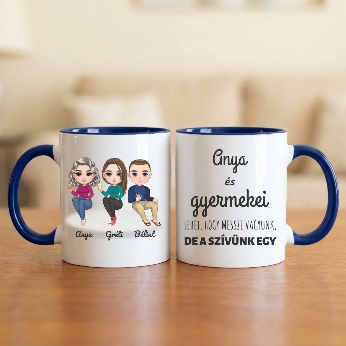Anya és gyermekei – anyák napi bögre 2–5 figurával és nevekkel