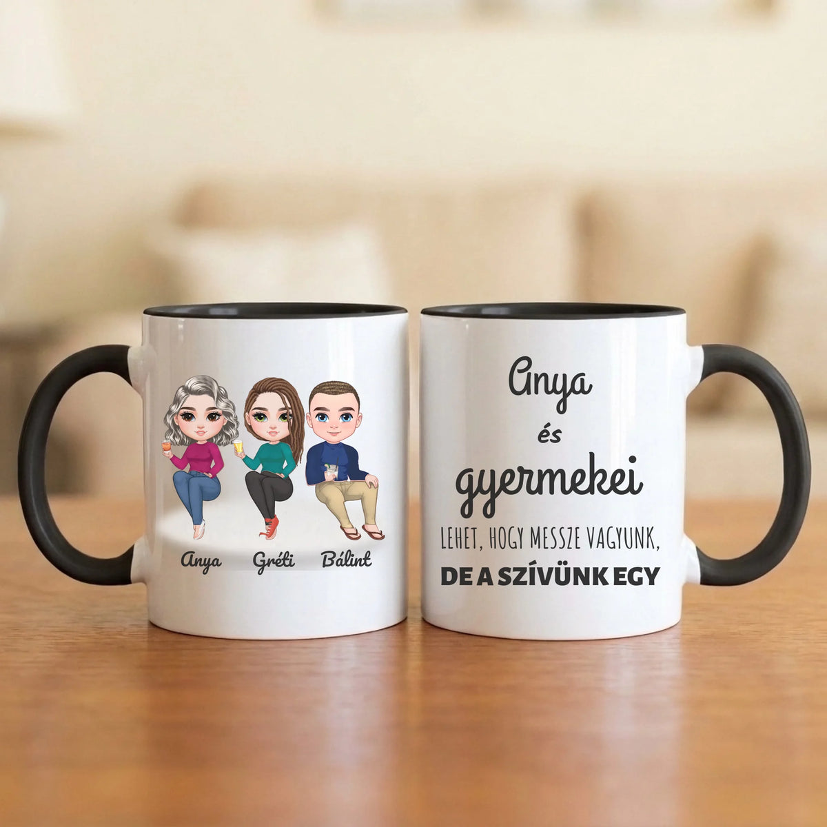 Anya és gyermekei – anyák napi bögre 2–5 figurával és nevekkel