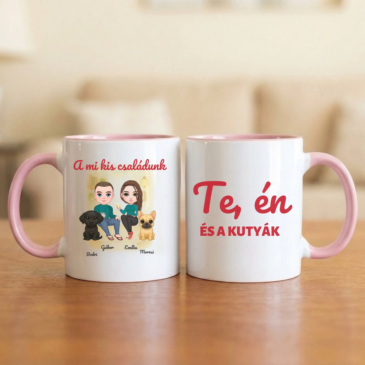 Te, én és a kutyák – páros bögre két figurával, kutyával és nevekkel