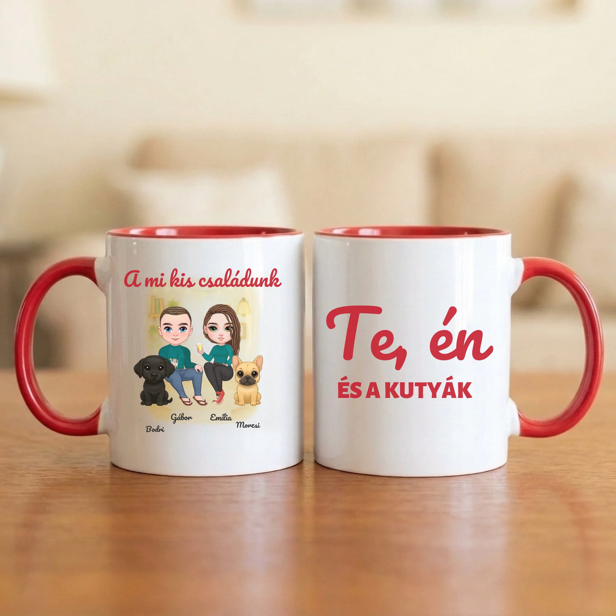 Te, én és a kutyák – páros bögre két figurával, kutyával és nevekkel