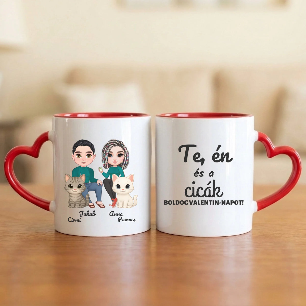 Te, én és a cicák – Valentin-napi páros bögre két figurával, cicákkal és nevekkel