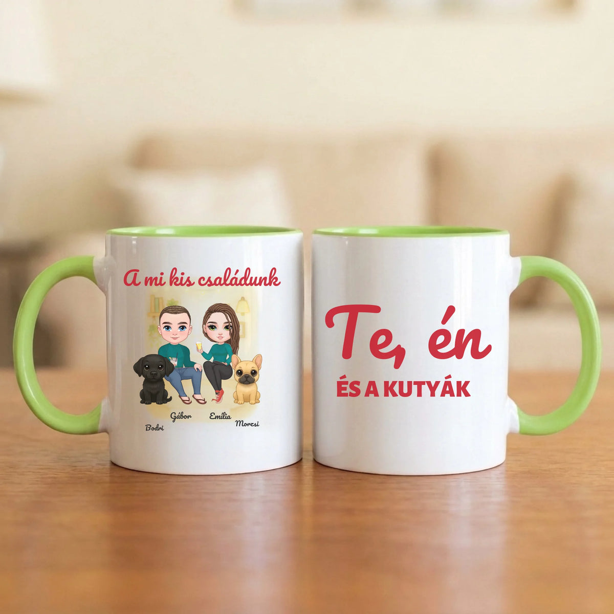 Te, én és a kutyák – páros bögre két figurával, kutyával és nevekkel