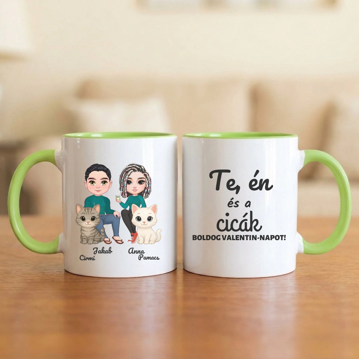 Te, én és a cicák – Valentin-napi páros bögre két figurával, cicákkal és nevekkel