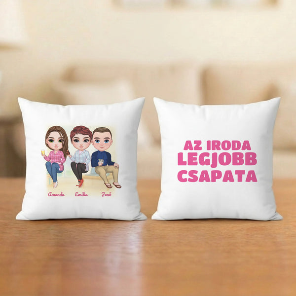 Az iroda legjobb csapata – kollégás párna 2–5 figurával és nevekkel