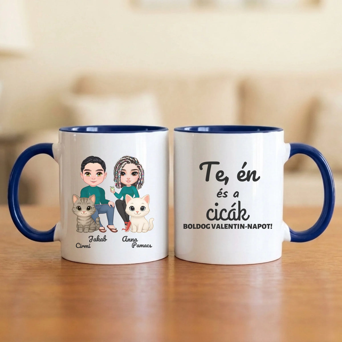 Te, én és a cicák – Valentin-napi páros bögre két figurával, cicákkal és nevekkel