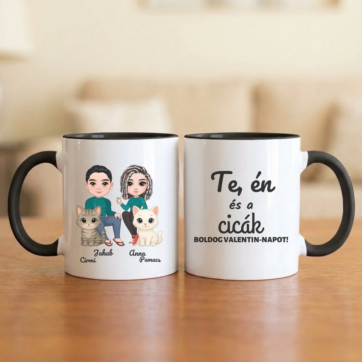 Te, én és a cicák – Valentin-napi páros bögre két figurával, cicákkal és nevekkel