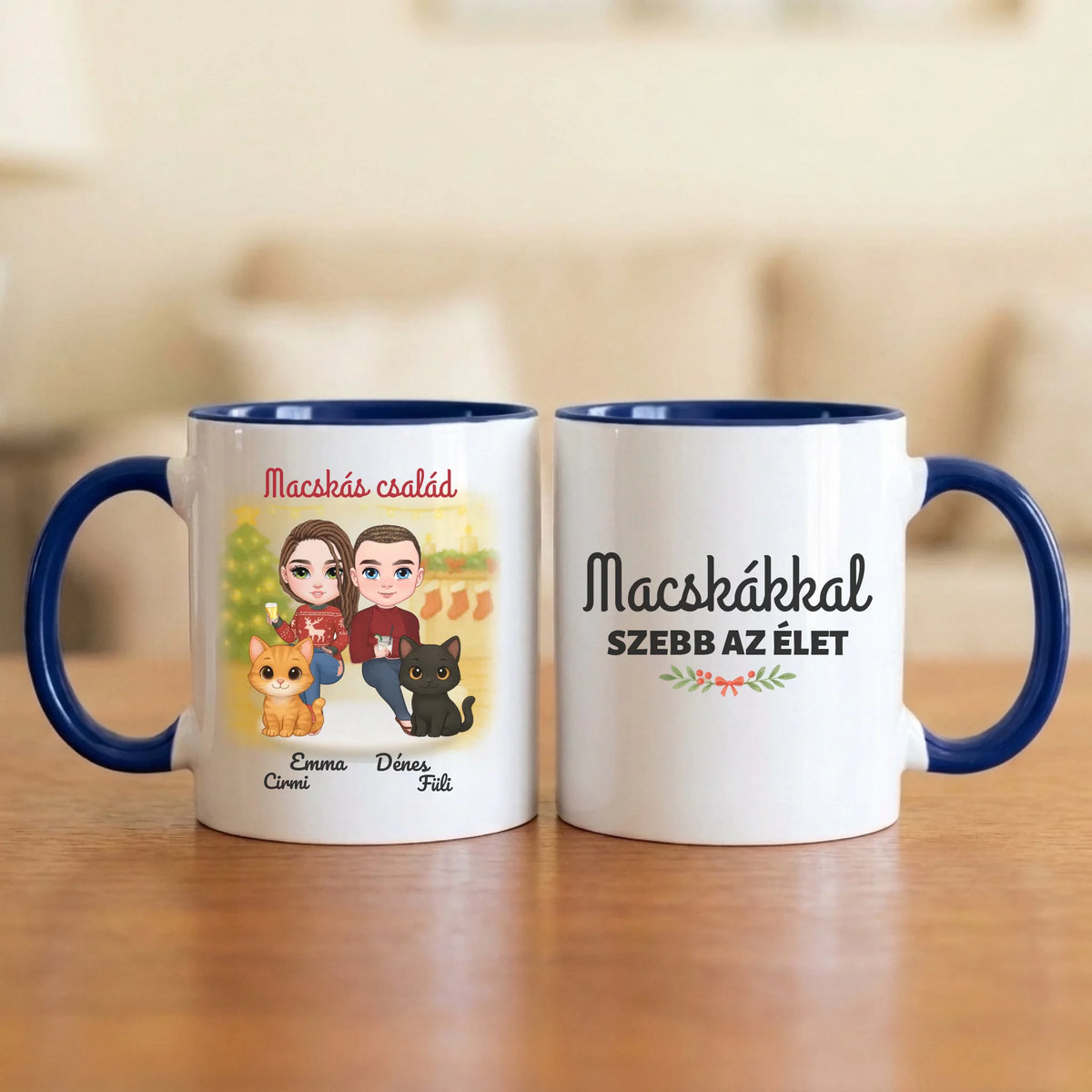 Macskákkal szebb az élet – karácsonyi páros bögre két figurával, cicákkal és nevekkel