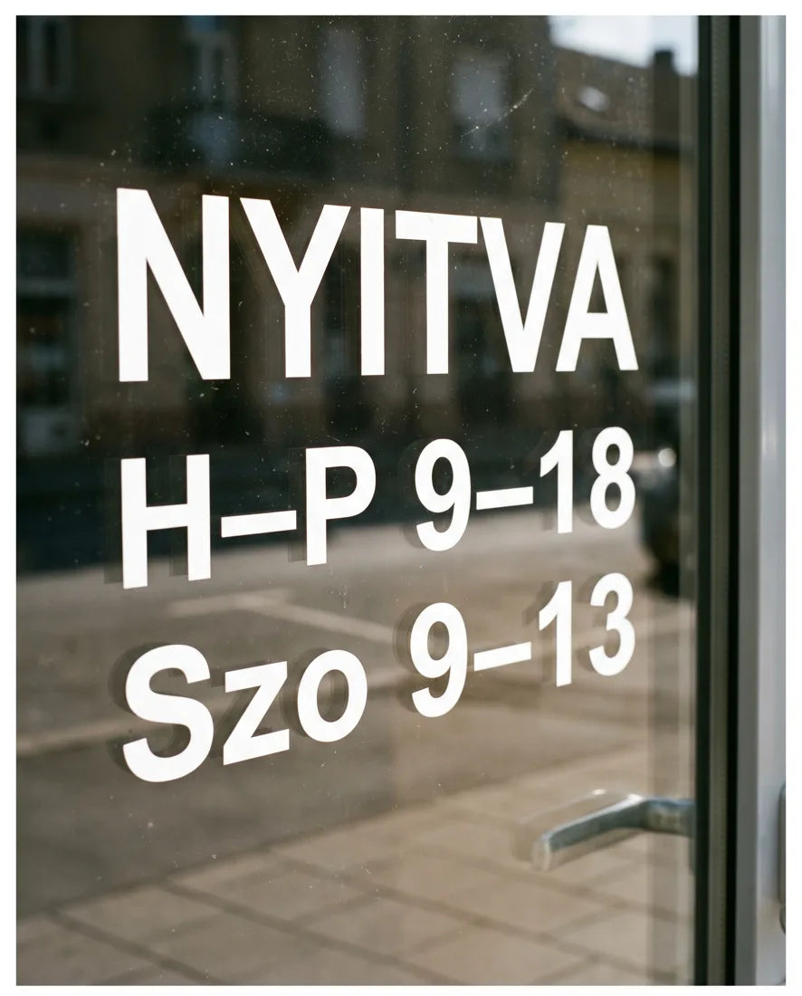 Üvegajtón fehér nyitvatartás-felirat