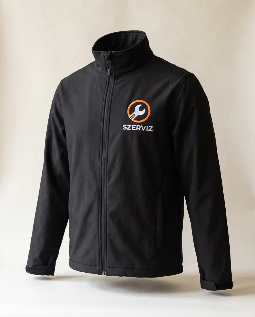 Fekete softshell dzseki hímzett szervizes logóval