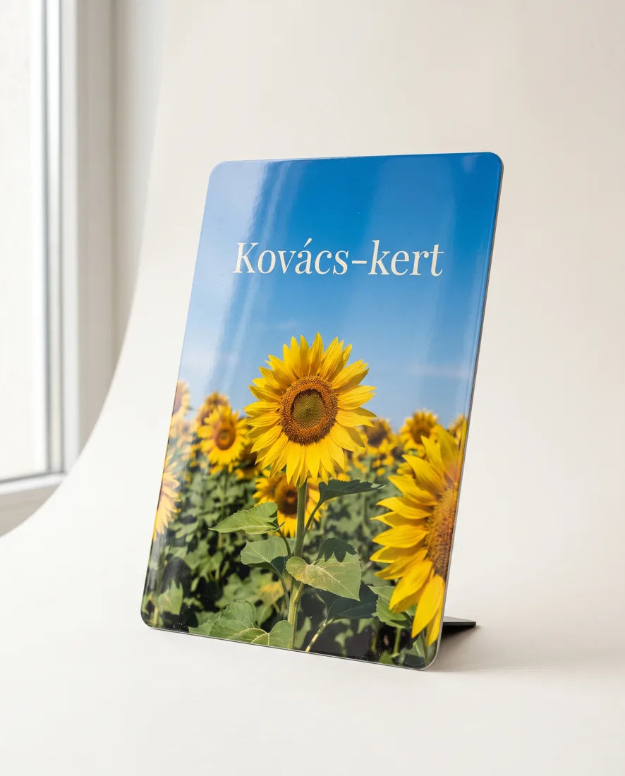 Fényes alumínium fotótábla napraforgómezővel és „Kovács-kert” felirattal